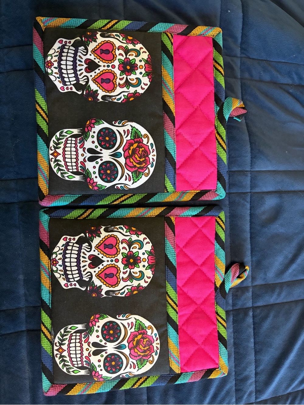 Day of the Dead Sugar Skull Quilted Pot Holders - Hot Pink & Multicolor